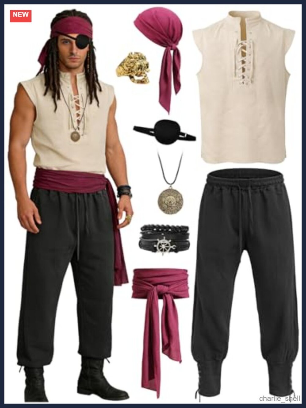 Mens Pirate Costume 8PCS Renaissance LARP Cosplay Sleeveless Shirt Pants